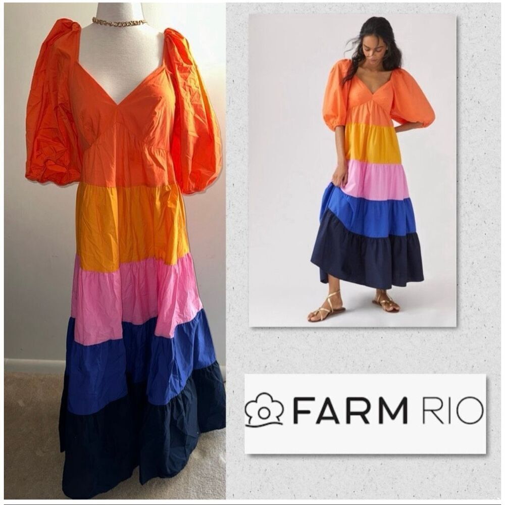 Anthropologie Farm Rio Size S Puff Sleeve Tiered Maxi Dress Colorblock Stripe - Picture 12 of 15